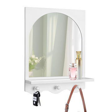 White 16"x12" Wood Framed Arched Mirror with Shelf and 3 Hooks, Wall Mounted Decorative Real Glass Hanging Mirror