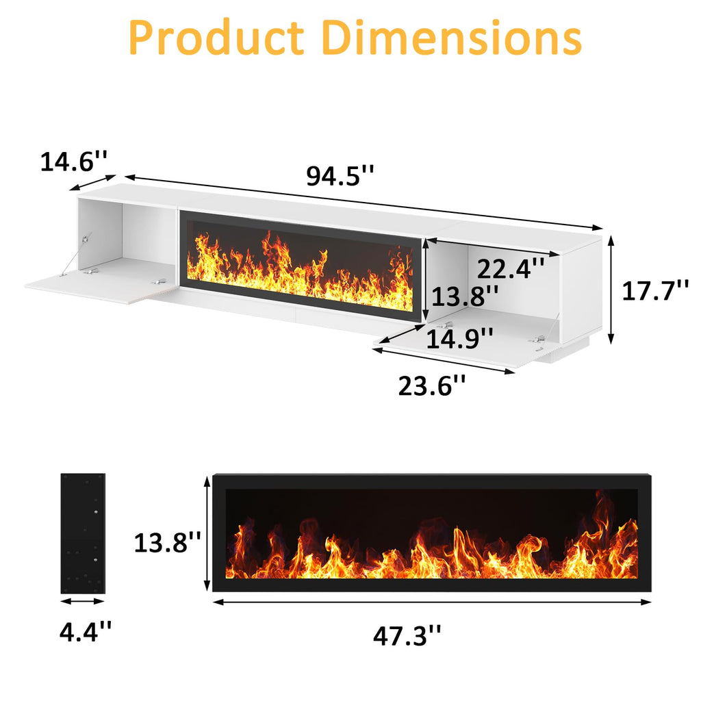 94.5" Fireplace TV Stand, Fluted TV Stands, White