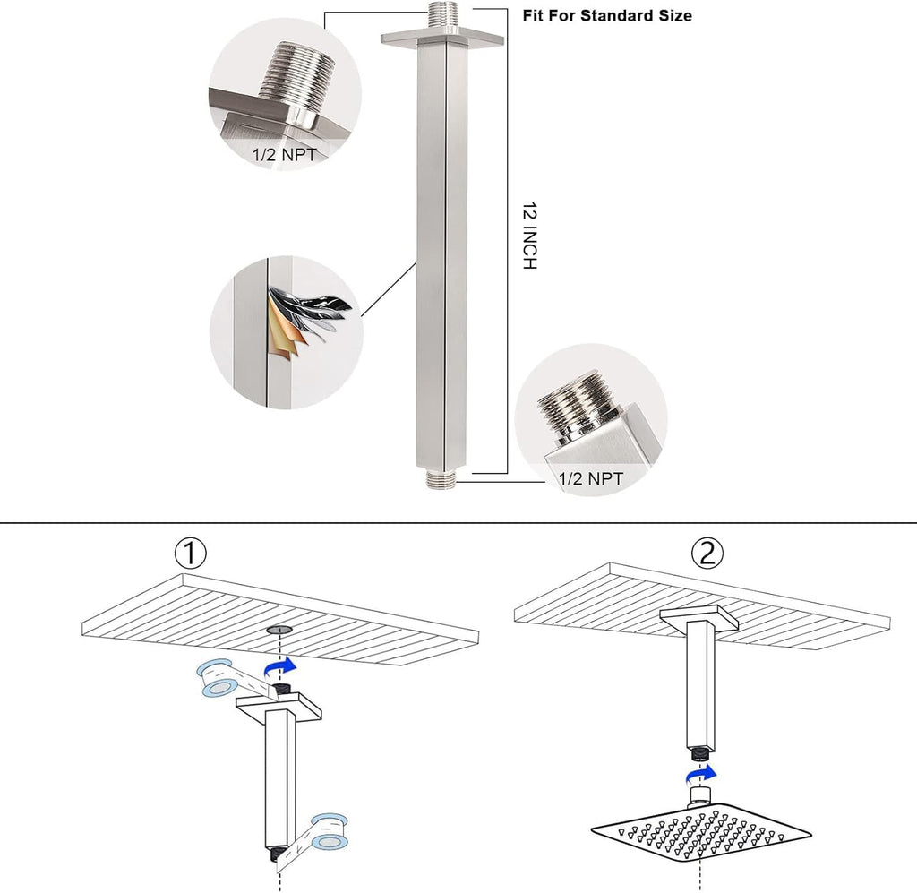 Rain Shower Head With Shower Arm, Ceiling Mount Square Shower, Stainless Steel Ceiling Rainfall Showerhead- Waterfall