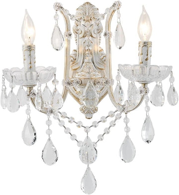 French Country Crystal Wall Sconce, 2-Light Distressed White Gold Candle Style with Teardrop Crystals, Hardwired