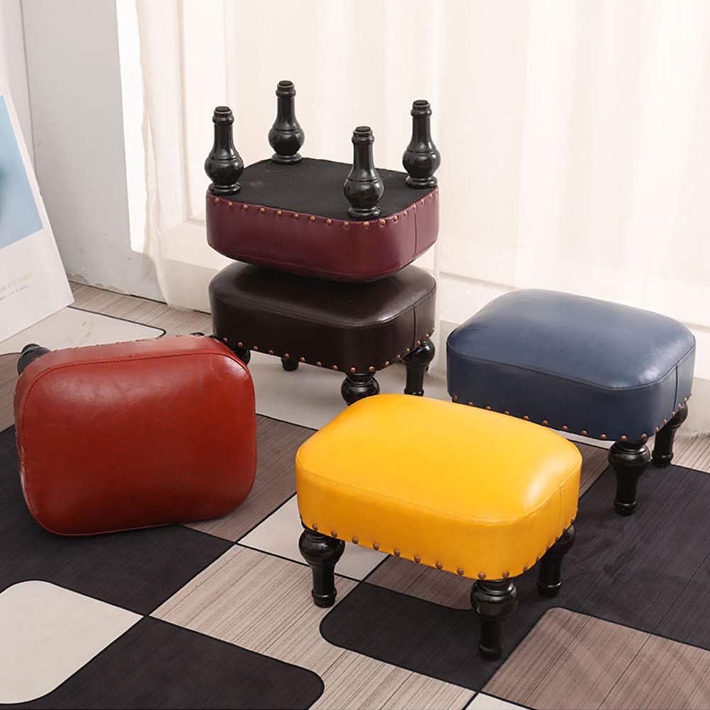 Small Foot Stool Brown Leather Stool Vintage Upholstered Footrest Rubber Wooden Foot Rest Stool Sofa Stool for Foot