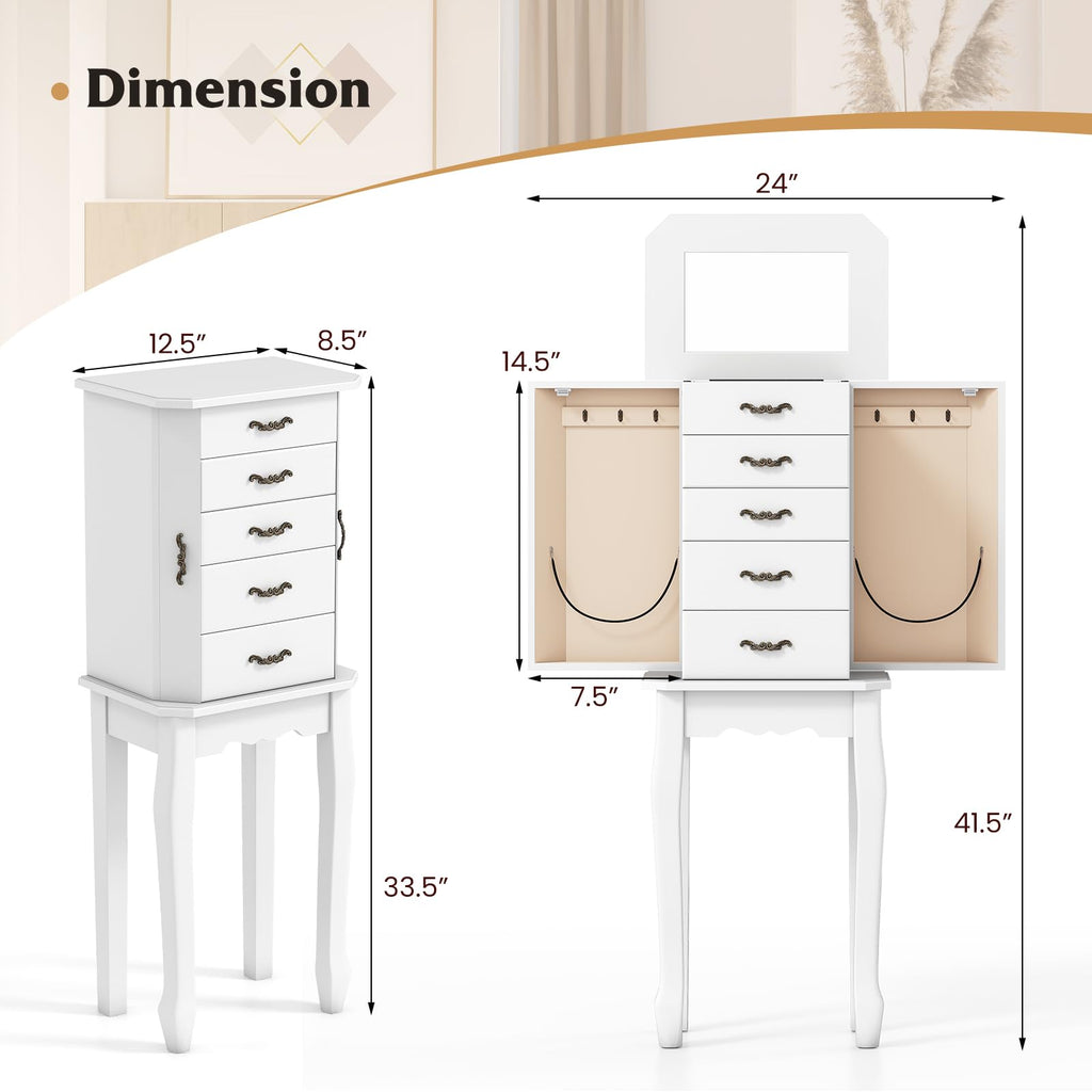 Standing Jewelry Armoire, Space-Saving Jewelry Organizer Chest (White)
