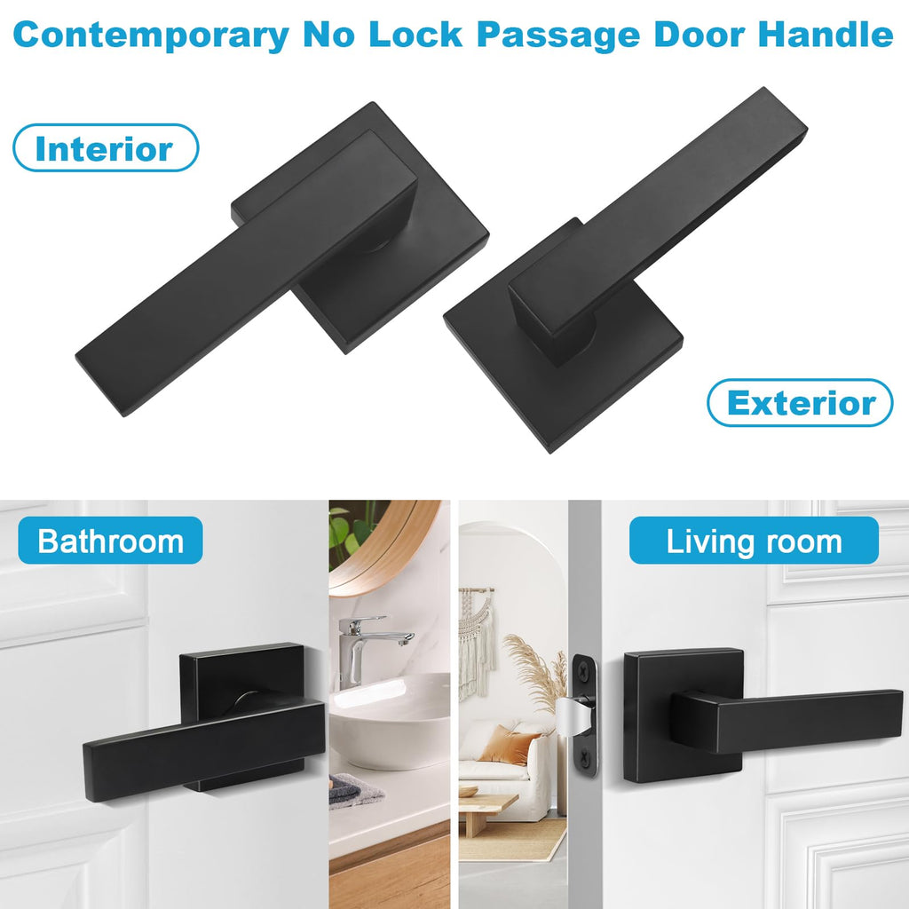 6 Pack Door Handles Matte Black - Passage Door Knobs Interior Square Door Levers, Heavy Duty Non-Locking Leversets