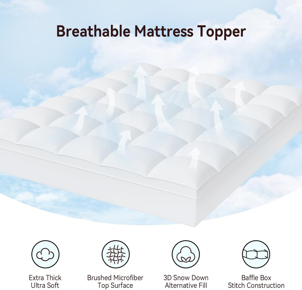 Queen Mattress Topper, Thick Pillow Top Mattress Pad, Plush Comfort | Queen Size Bed Topper with Deep Pocket
