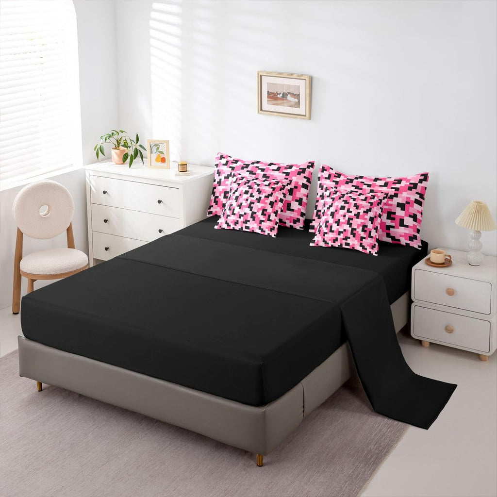 Pink Pixcel 7 Pcs Comforter Set, Block Building Bed in a Bag with Fitted Sheet & Pillowcases, Soft