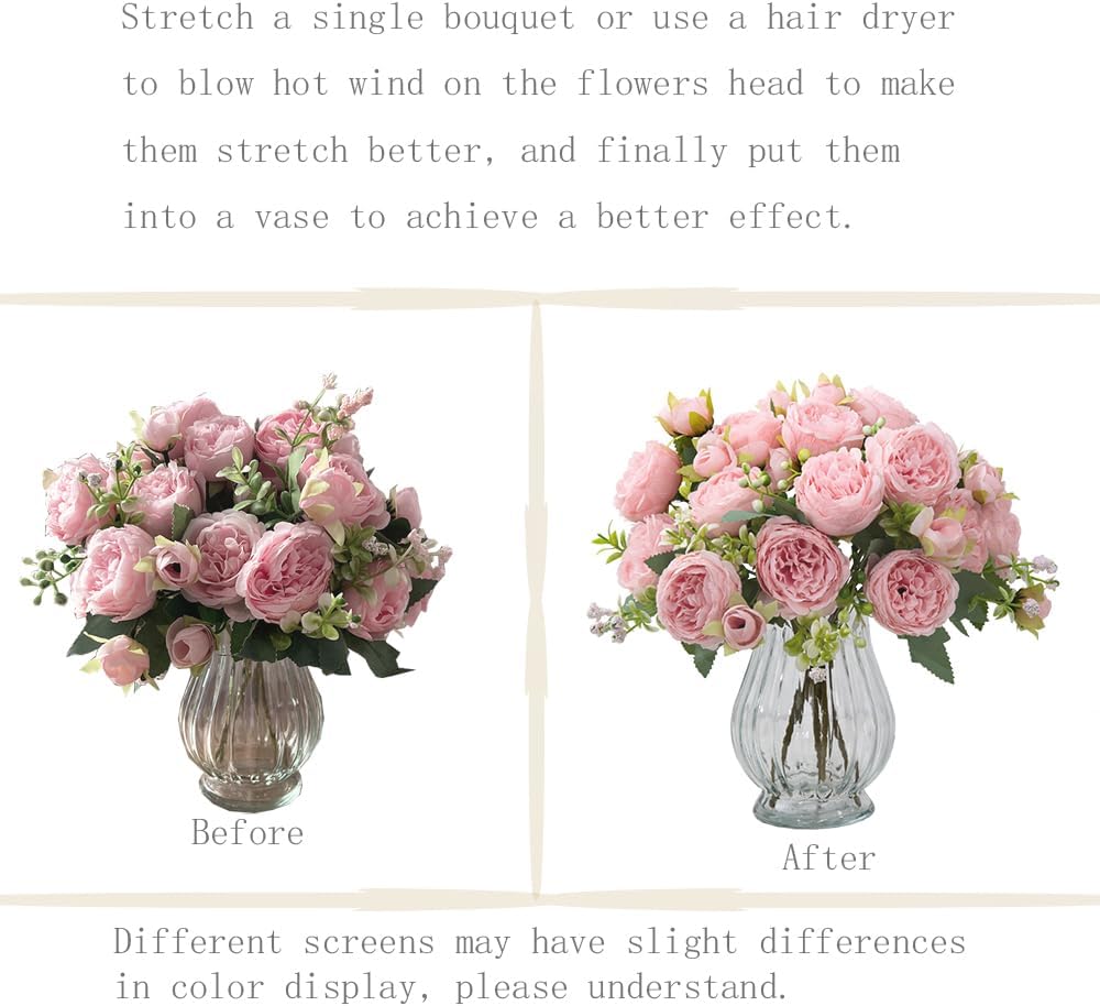 Artificial Peonies Silk Flowers in Glass Vase Faux Flowers Bouquets Modern Penoy Arrangement 4 Pack Decoration Table - Set of 4