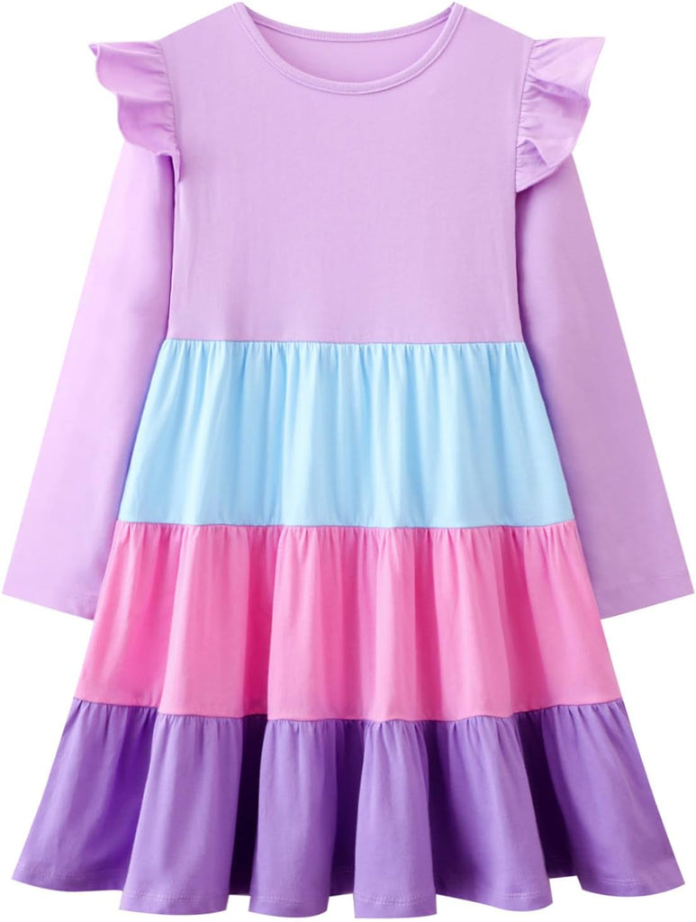 Girls Long Sleeve Dress Cotton Rainbow Color Block Tiered Twirly