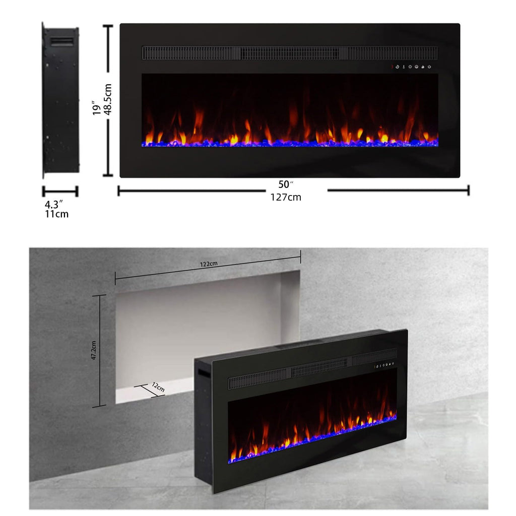Electric Fireplace Heater Wall Mounted, 50 inch Wide Recessed Electric Fireplace, 1400W, 8H Timer, 20 Color Flame