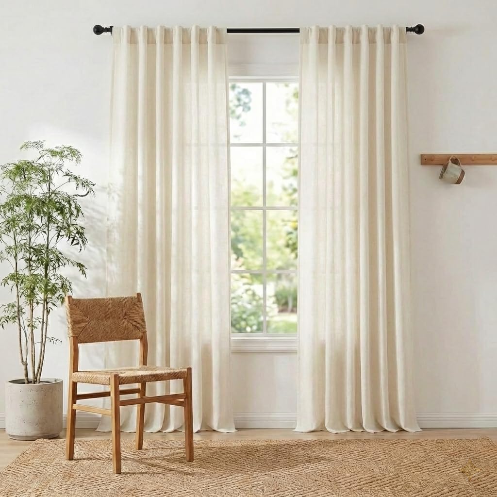 Natural Linen and polyester 102 inch Curtains, Back Tab & Rod Pocket with Pleat Tab Privacy Added with Light