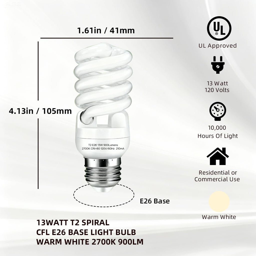 E26 Base 13W 2700K 900lm CFL Light Bulbs Warm White