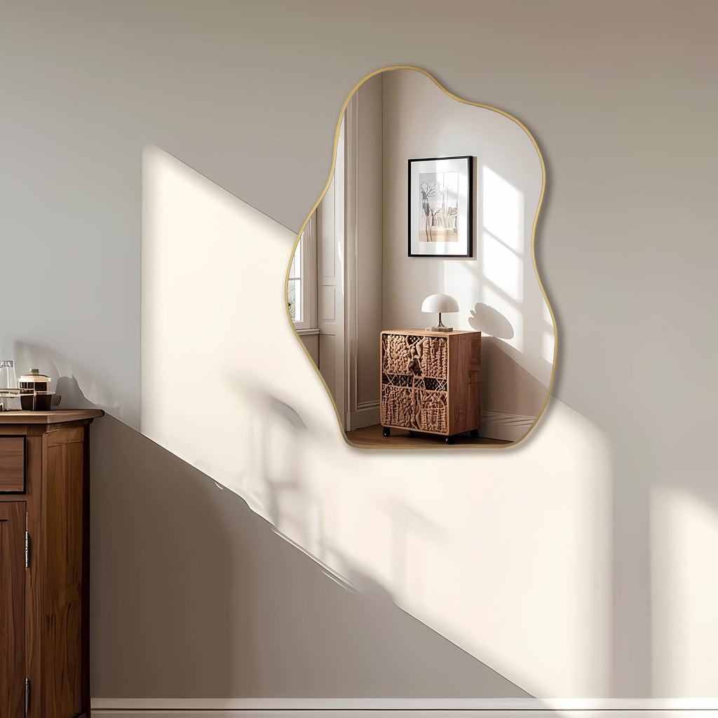 Irregular Asymmetrical Wall Mirror, 28" x 20" Gold Bathroom Mirror