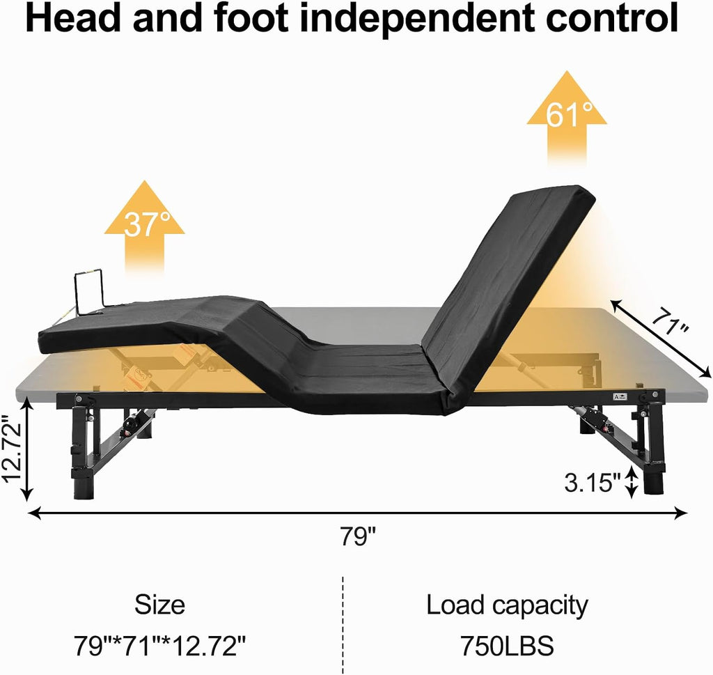 King Adjustable Bed Frame with Remote, LED Light & USB Ports (King)