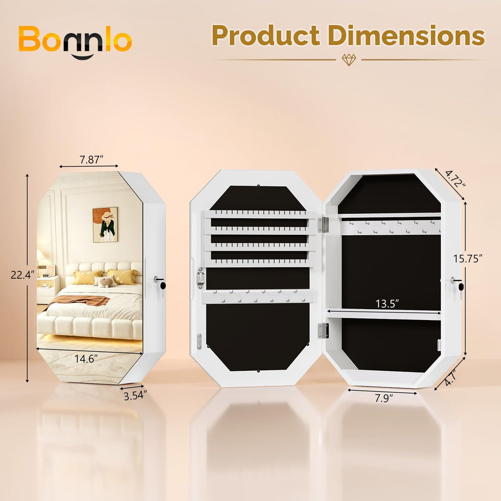 Modern Diamond-Shaped Jewelry Armoire, Lockable Octagonal Jewelry Cabinet Organizer with Mirror, Wall Mounted for
