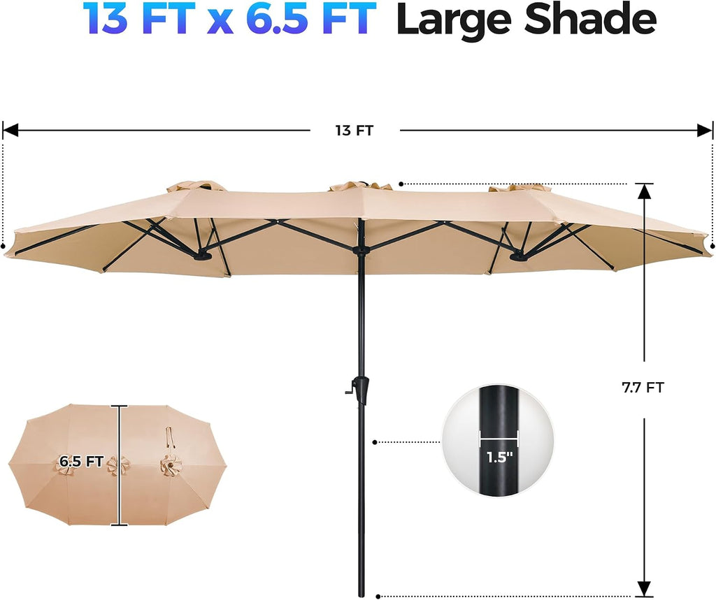 13FT Outdoor Umbrella Double sided Pool Umbrellas with Fade Resistant Canopy, Large Table Umbrella - Beige(No Base)