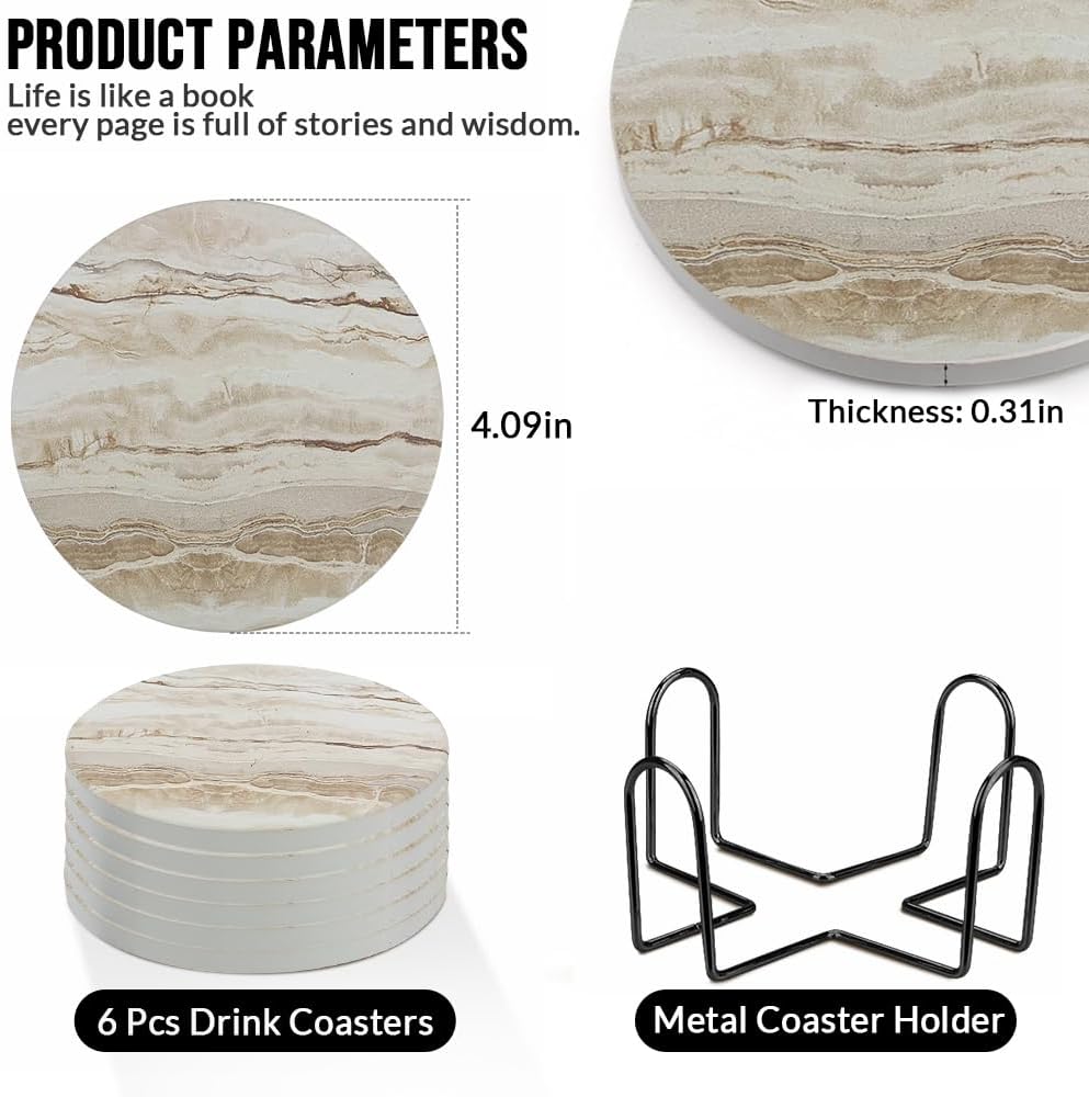 Ceramic Coasters, Marble-Textured Design with Holder - Absorbent Cork-Backed Coasters for Cups, Bar & Coffee - Set of 8