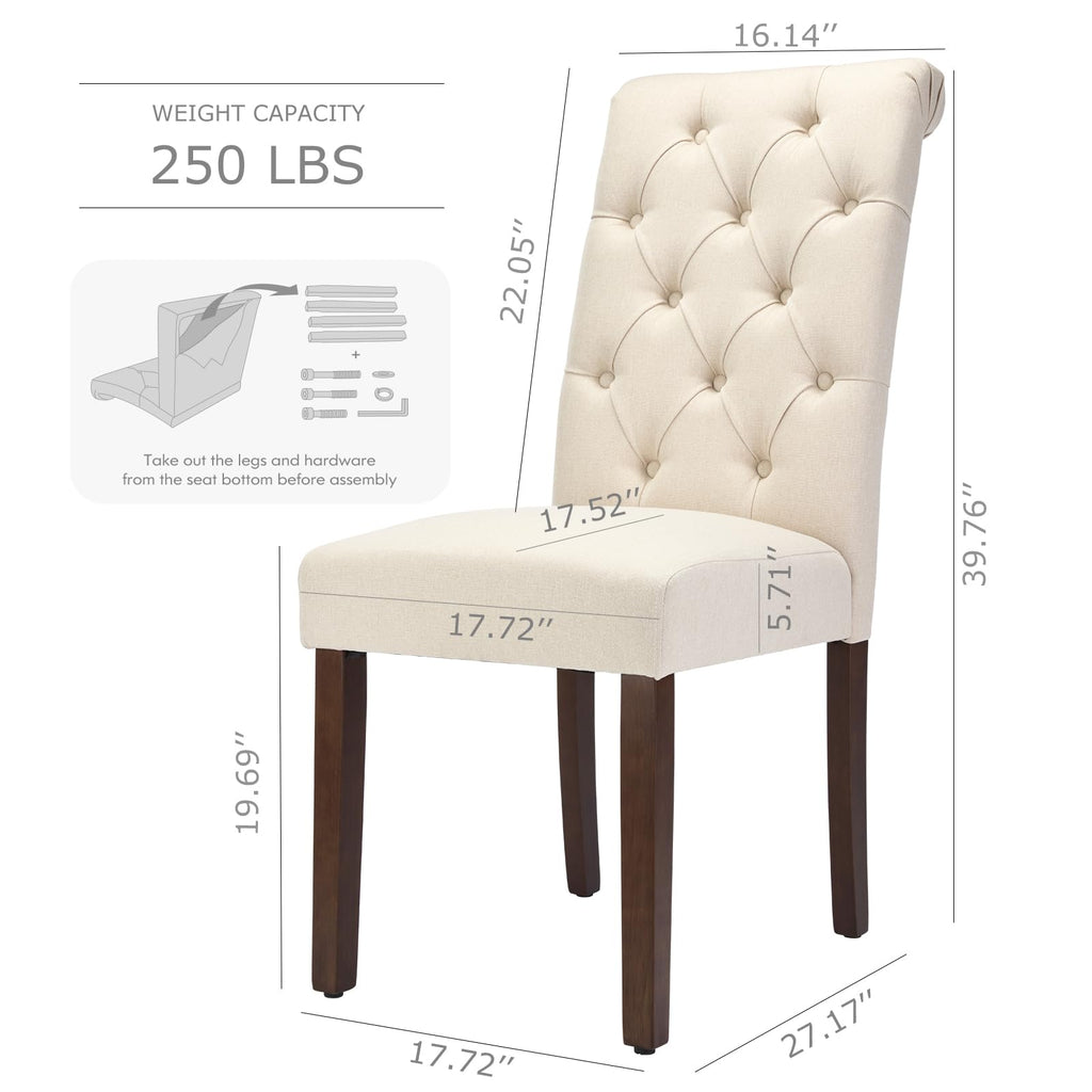Tufted Set of 4, Upholstered Parsons Dining Room Chairs, Fabric Kitchen Side Chair with Wood Legs, Beige