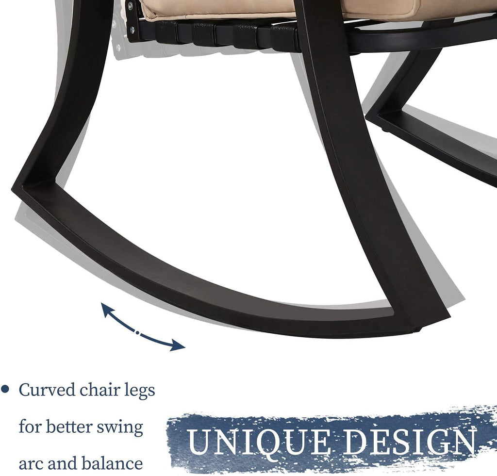 Outdoor Furniture 3 Piece Conversation Bistro Set Rocking Chairs and Glass Top Table, Thick Cushions, Black Steel