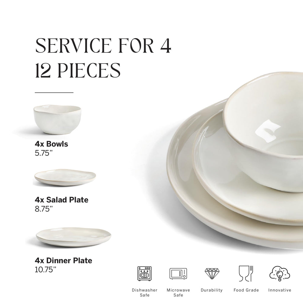 Lain Mirella 12-Piece Dinnerware Set Stoneware, Plates and Bowls Set, Dishwasher and Microwave Safe, Dish Set for 4