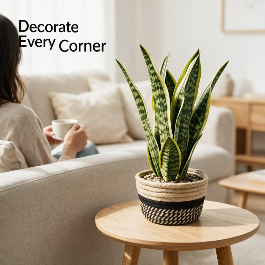 15" Artificial Snake Plant in Black Woven Planter Realistic Faux Sansevieria with Lush Green Leaves Modern Fake