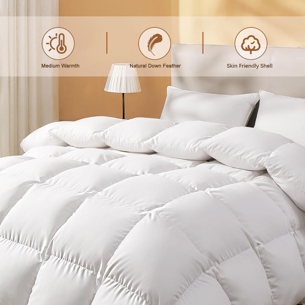 Goose Feather Down Comforter, Soft All Season Medium Warmth Duvet Insert, Luxury Hotel Bedding Comforters