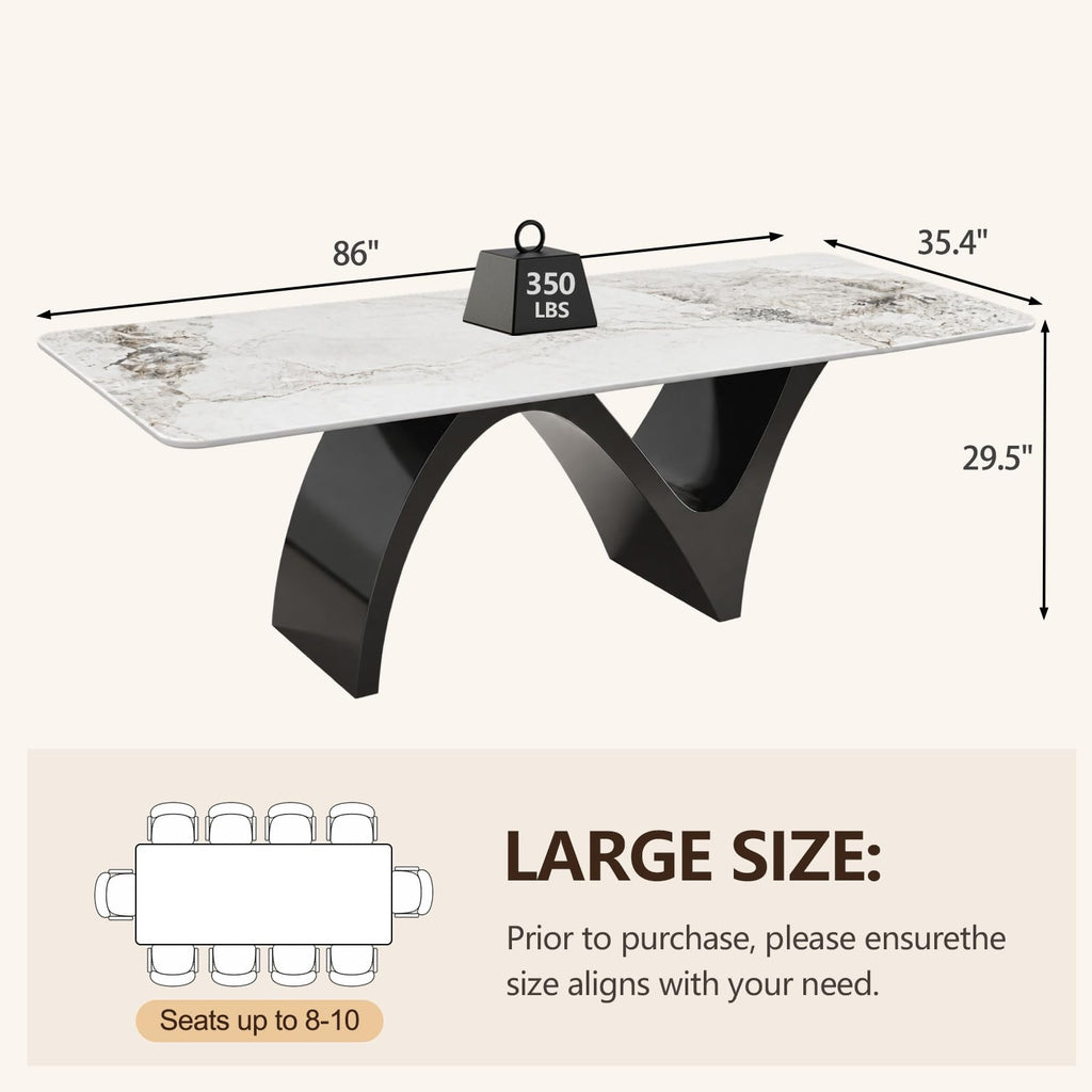 86" Modern Rectangular Dining Table for 8-10, Glossy Sintered Stone Top