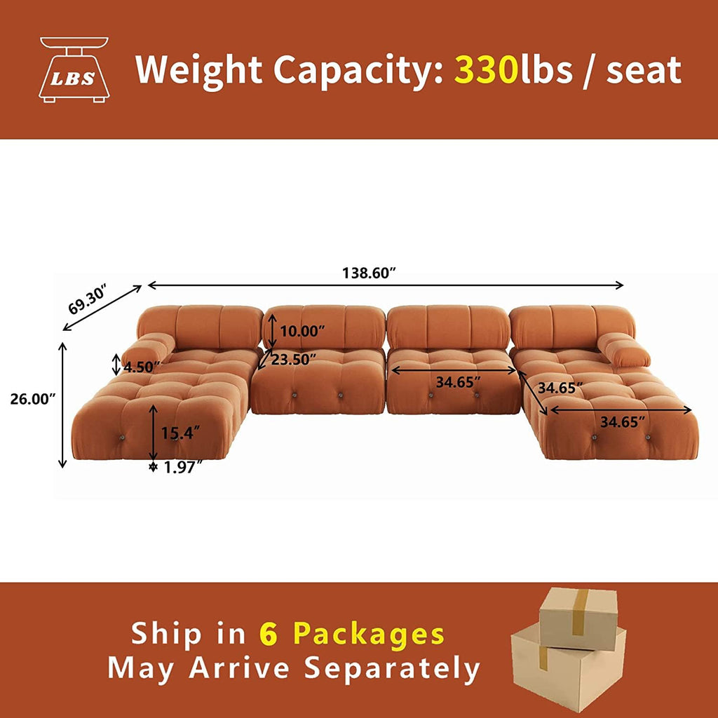 U-Shaped Modular Sectional Couch, 138" Minimalist Velvet Sofas, Convertible Couches, Mid-Century Modern Sectional