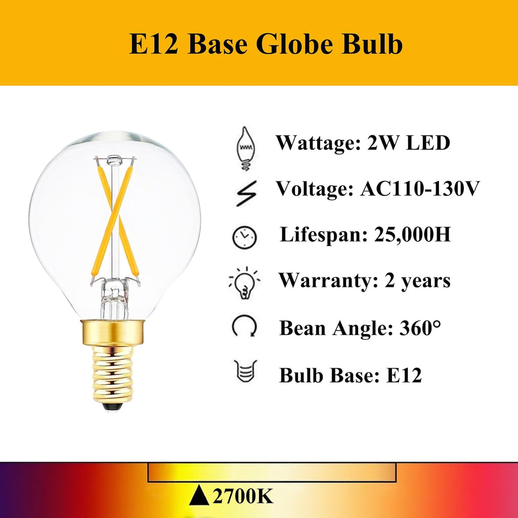 E12 Globe LED Bulb 25 Watt Equivalent Candelabra Base Round Bulb, G16.5 LED 2W Dimmable Warm White 2700K Clear Glass