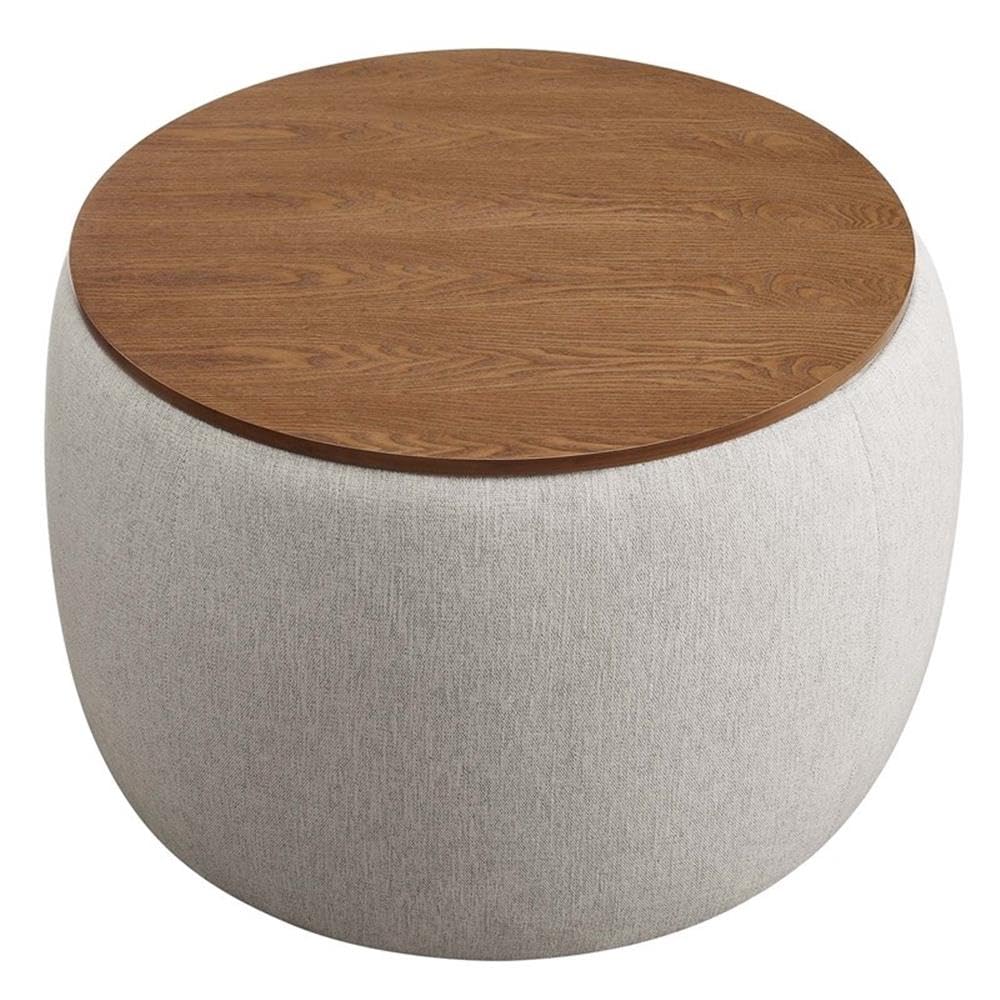 Perla 26 Inch Round Storage Ottoman with Tray Lid in Ivory Fabric -Heathered Fabric Ottoman - Versatile Footrest