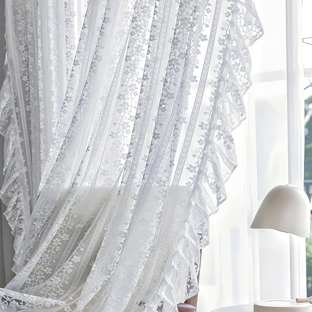 White Little Flower Knitted Lace Curtain with Ruffles for Daughters Bedroom