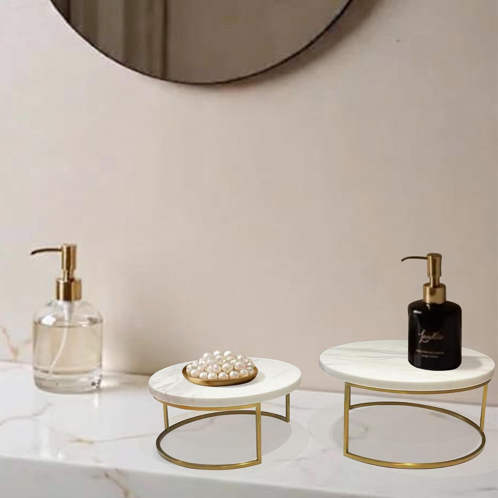 2-Piece Round Marble Cake Stand Set - 9.5 and 7.9 Inch Marble & Gold Dessert Display for Wedding, Party Decor - Set of 48