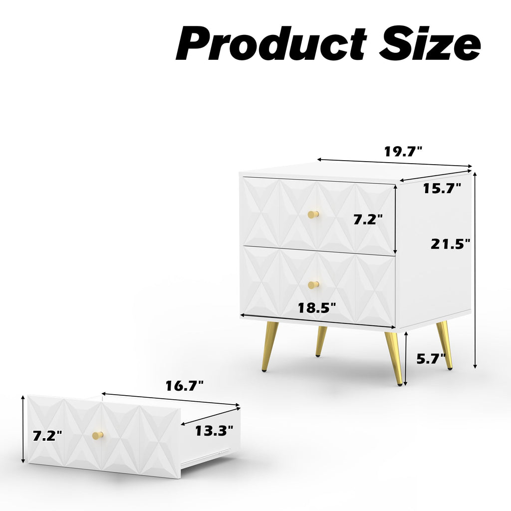 Nightstand Set of 2, White and Gold Nightstands with 2 Diamond Pattern Drawers, Modern End Table Side Table with Gold