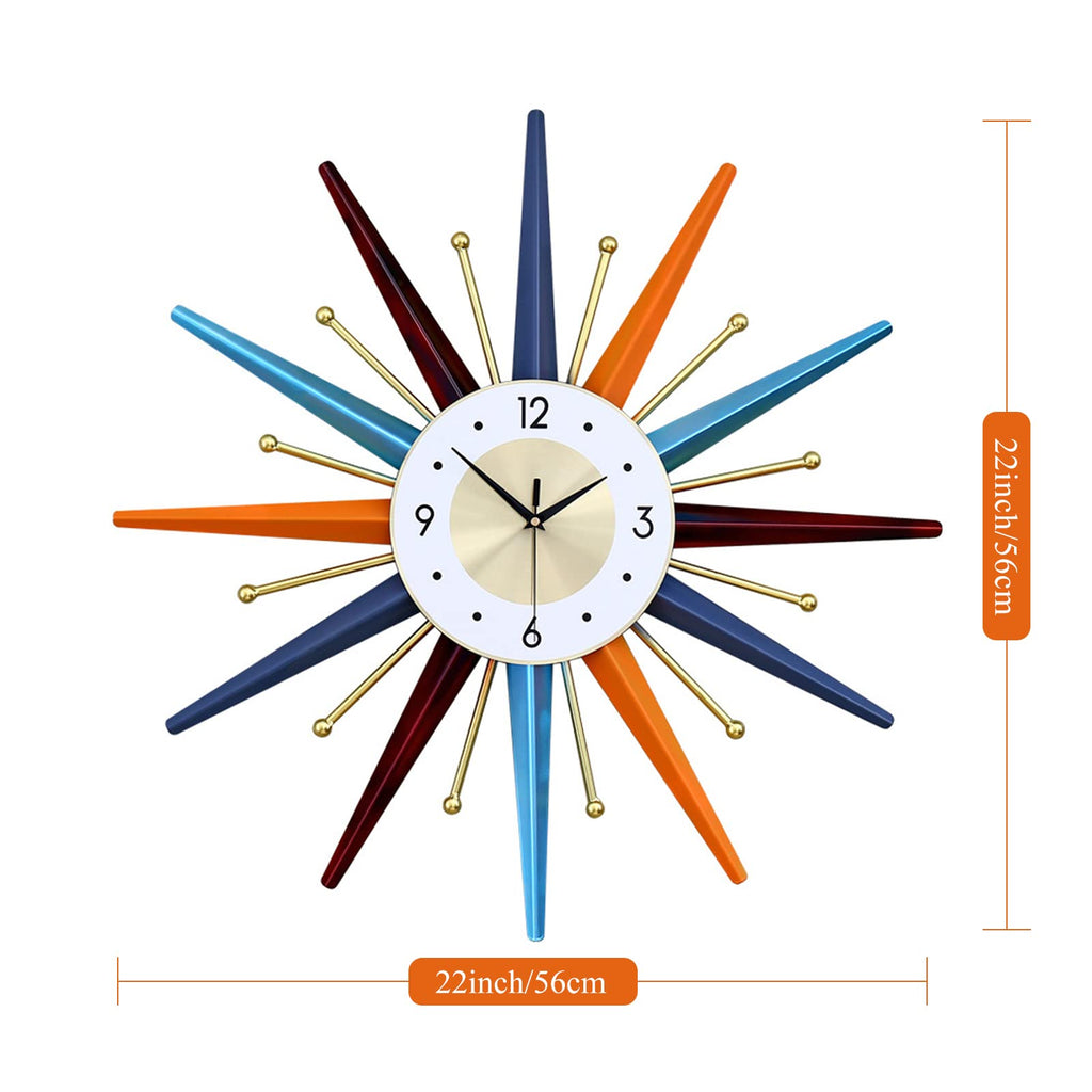 Starburst Large Wall Clock Metal Decorative, Mid Century Wall Clocks