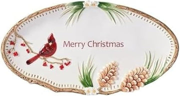 And Floyd Poinsettia Holiday Merry Christmas Serving Platter, Cardinal Pinecone Design, Serveware for Seasonal