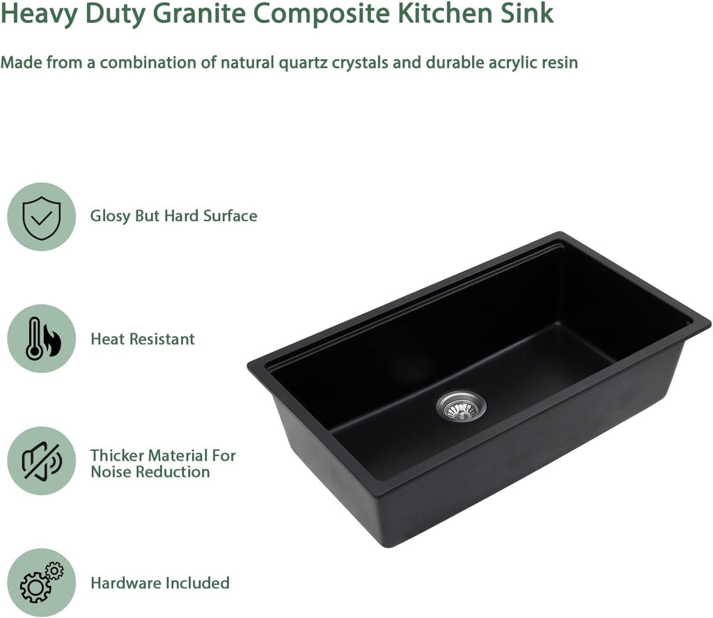 Black Granite Composite Undermount Kitchen Sink Workstation - 30 Inch Matte Black Quartz Undermount Single Bowl