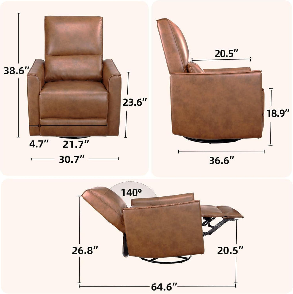 Swivel Rocking Recliner Chair, Manual Leather Recliner Glider with | Lumbar Support & Padded Armrest, Comfortable