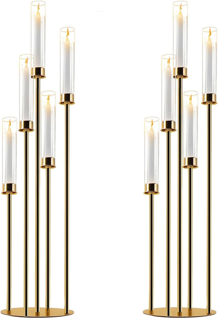 Gold Candelabra with Glass Cylinders for Real Candles 5 Arms Metal Candle Holder Wedding Event Party Home Decoration