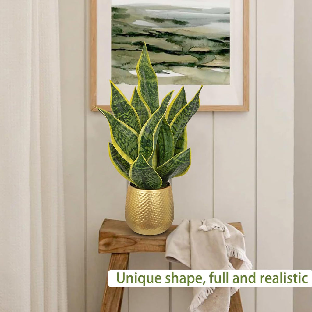 Artificial Snake Plant in Gold Pot, 18" Faux Sansevieria Potted Plant Decor, Fake Snake Plants Laurentii Indoor