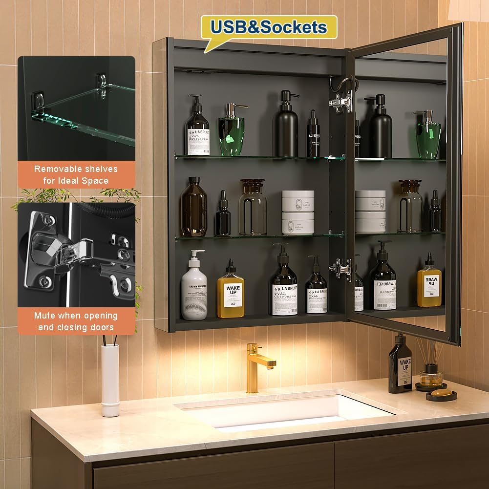 20 * 28 Right Hinge LED Bathroom Mirror Cabinet, Aluminum Medicine Cabinet | Light Adjustable, Sockets & USBs inside