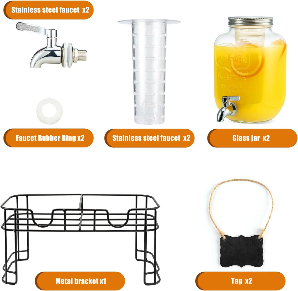 Gallon for Parties, 2PACK Beverage Dispenser with Stand, Ice Cylinder and Stainless Steel Spigot 100% Leakproof - Set of 2