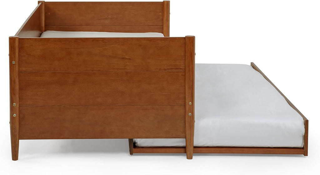 Mid-Century Modern Daybed & Trundle/Solid and Manufactured Wood/Panel Headboard/No Box Spring Needed/Foundation has