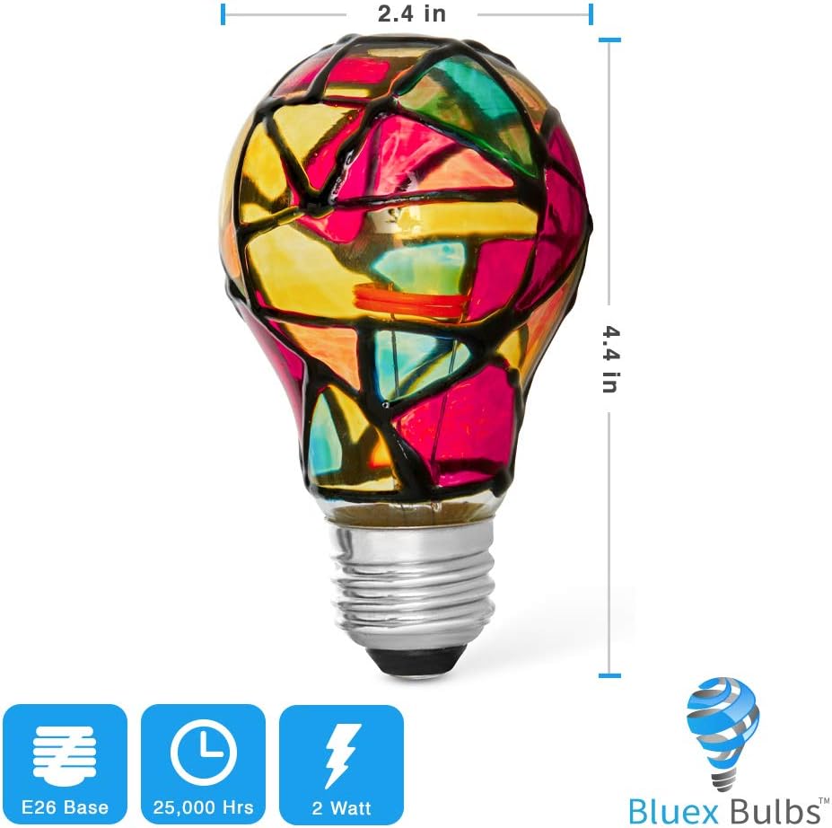 2 Pack LED Stained Glass Light Bulb A19 2W (25W Equivalent) E26 Base Painted Night Light Mosaic Party Light Bulb