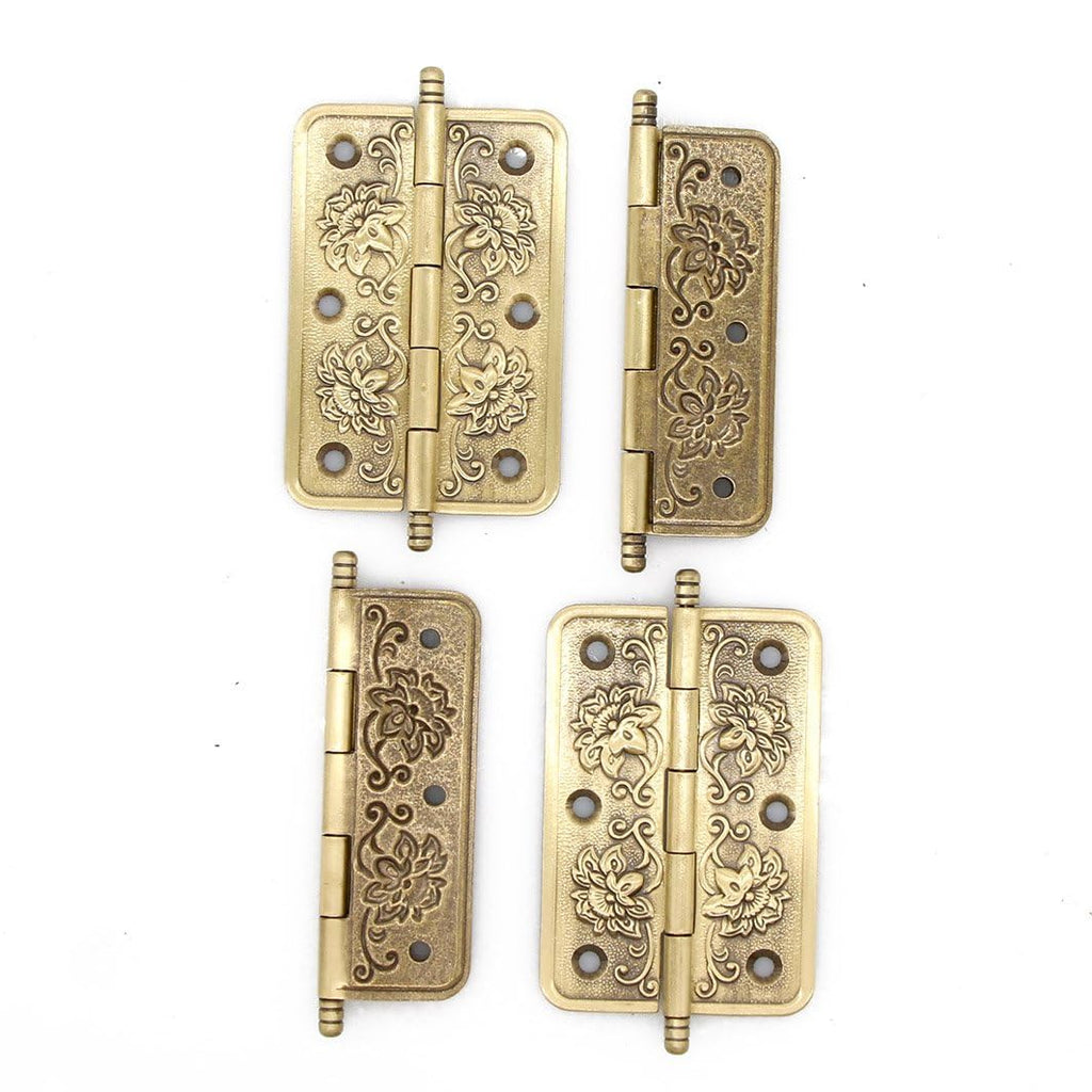 4 PCs Embossed Brass Hinges - Decorative Flap Hinges with Flower Patterns for Wooden Chest Trunck Cabinet Cupboard