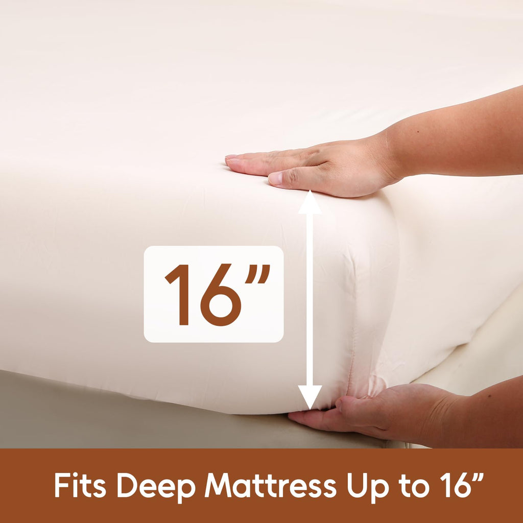 Flower Queen Size 6 Pcs Sheet Set, Breathable Microfiber Deep Pocket Biege Fitted Sheets, Comfy & Breathable