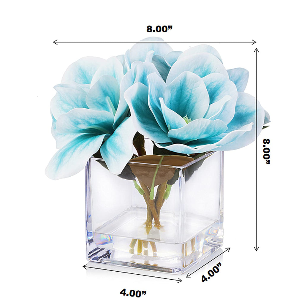 Floral Artificial Real Touch Magnolia Faux Flowers Arrangement in Cube Glass Vase with Faux Water Wedding (Blue)
