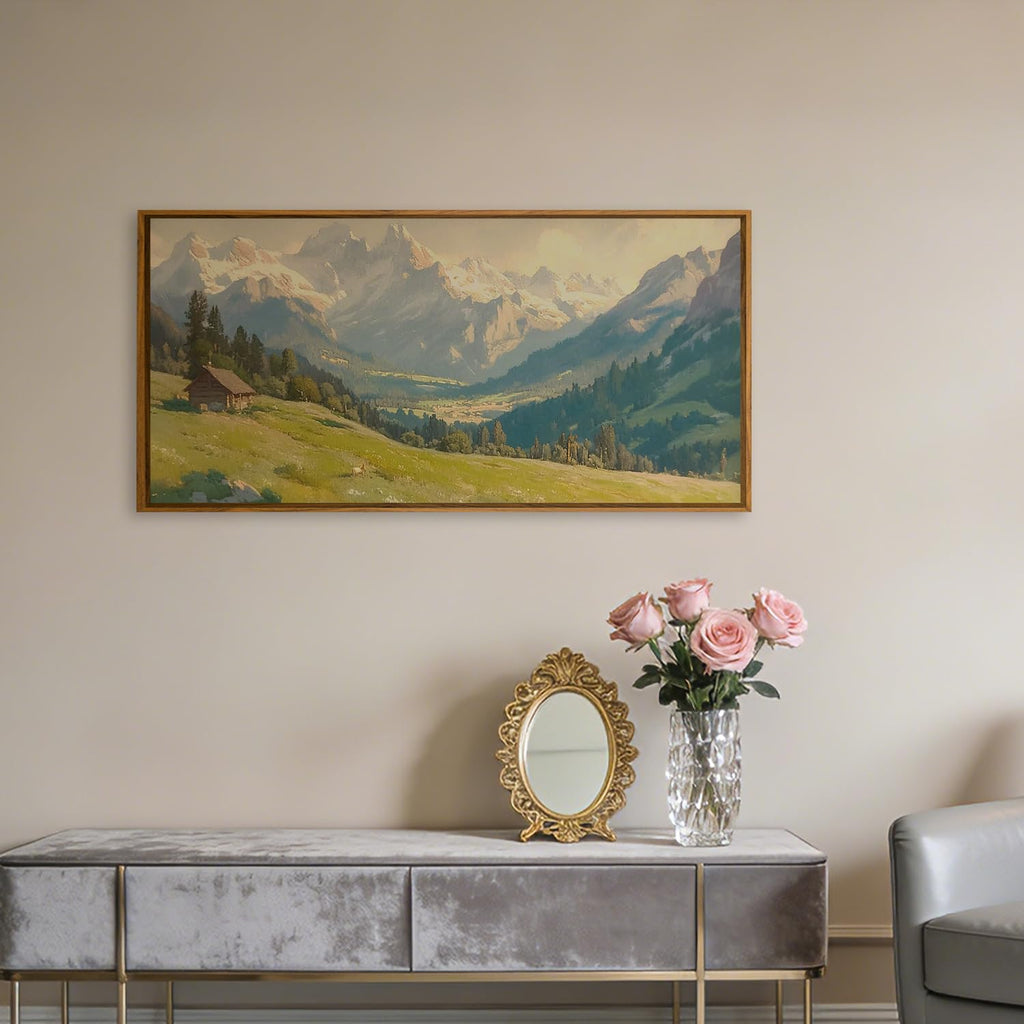 Snowy Mountain Wall Art, Framed Vintage Countryside Art Print