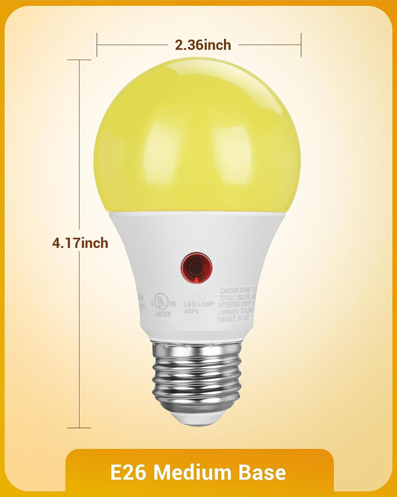 Dusk to Dawn A19 LED Bug Light Bulbs, 2000K Amber E26