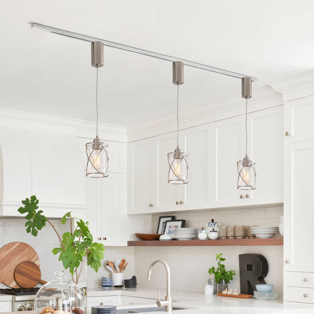 H-Type Brushed Nickel Track Lighting Pendant with Dotted Cage Clear Glass, Adjustable Hanging Light, E26 Socket, Pack