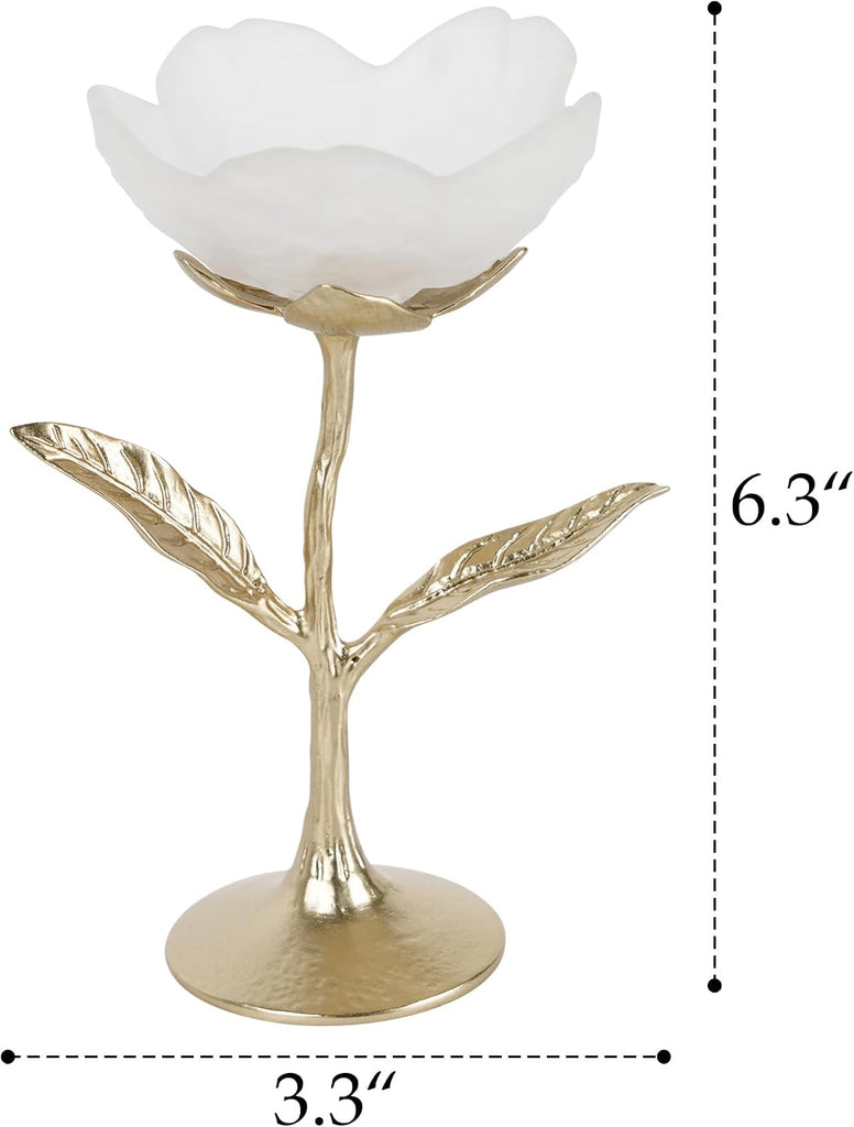 Frosted White Glass Flower Jewelry Tray, Gold Metal Leaf Base, Vanity Catch All for Rings Keys, Vintage Home Decor