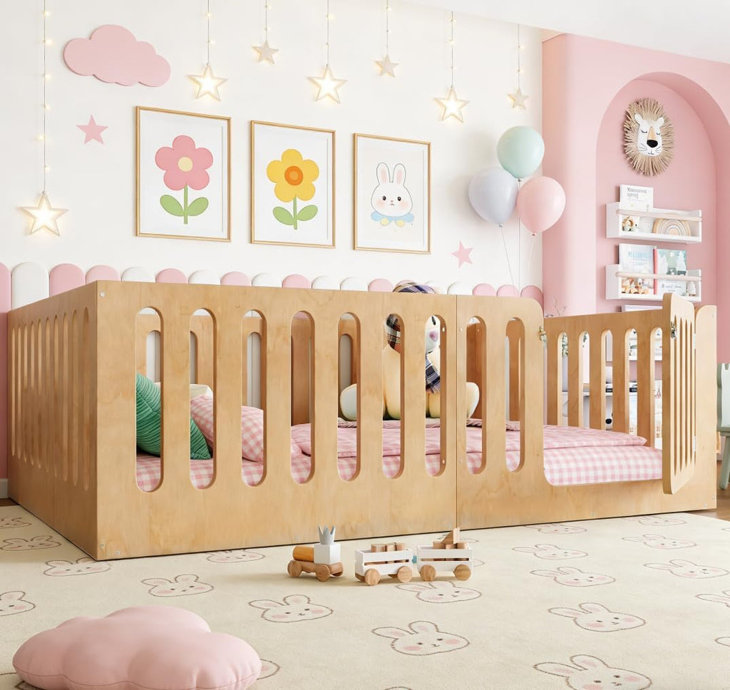 Floor Bed with Door for Kids, Floor Bed with High Fence, Wooden Montessori Beds for Kids, Natural no