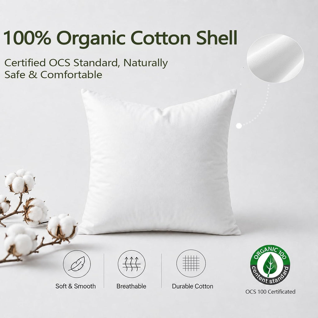 Feather Down Throw Pillow Inserts with Organic Cotton, 20x20 - Set of 2